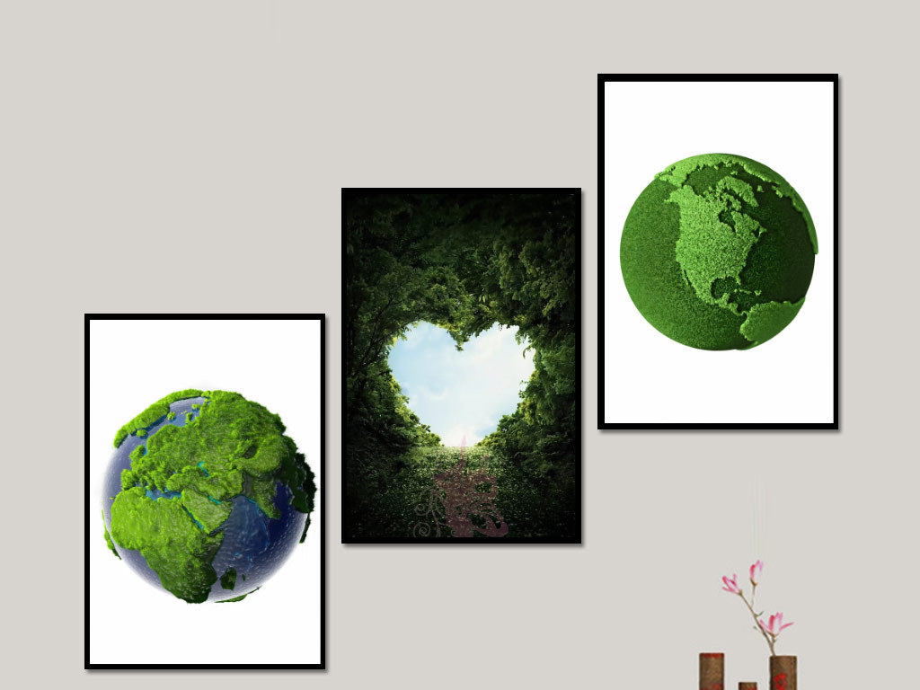 现代绿色地球爱心三联无框装饰画