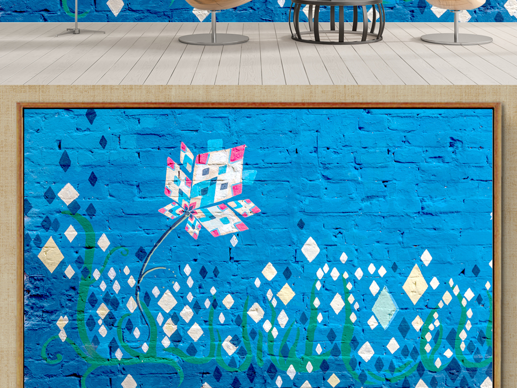 街头墙上抽象花卉涂鸦艺术