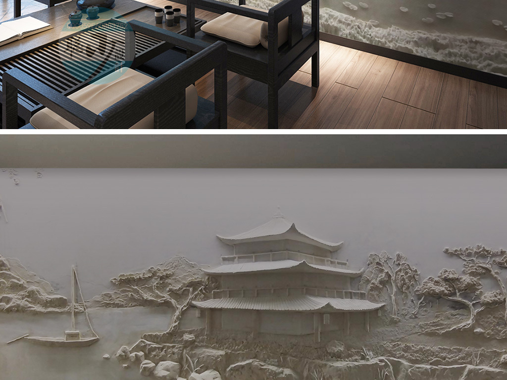 立体浮雕古代山水楼阁风景背景墙木雕