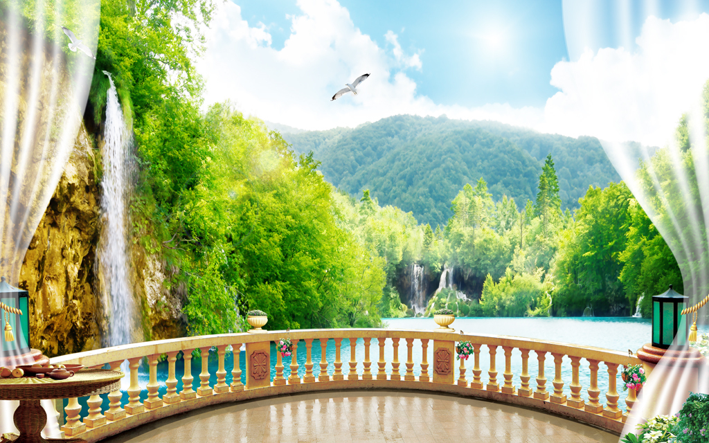 瀑布流水生财山水海鸥蓝天白云湖泊窗帘阳台背景墙