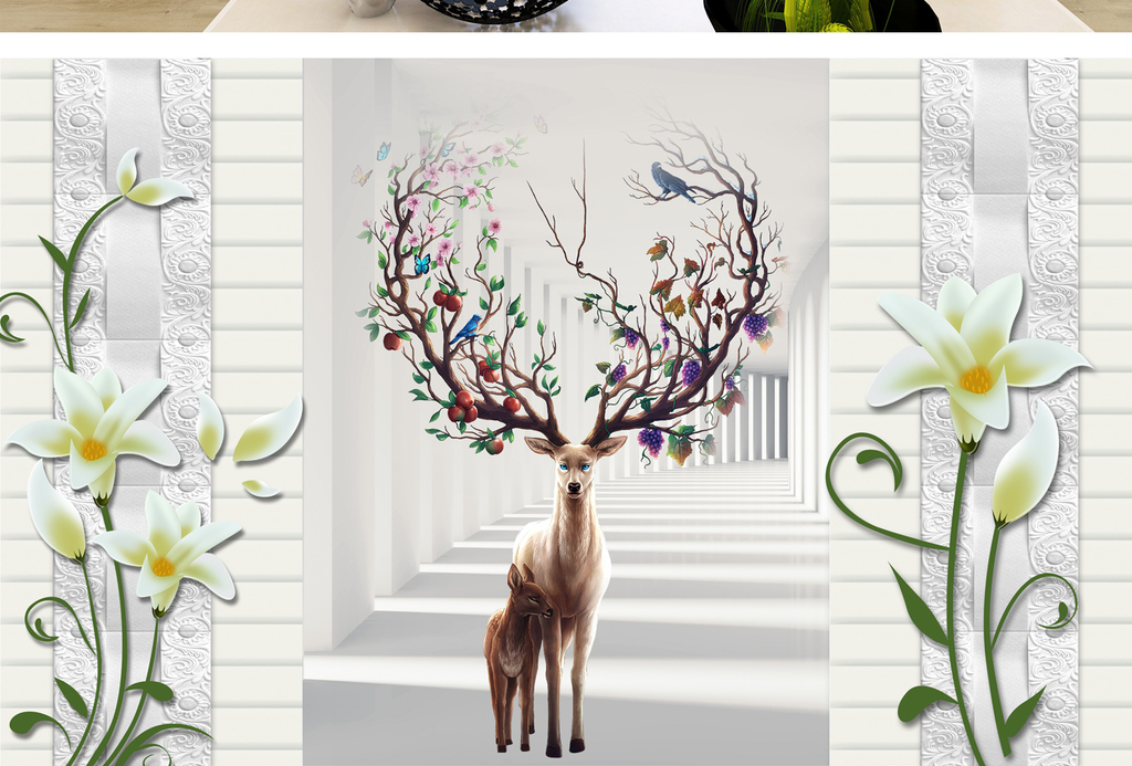 现代简约3d砖墙麋鹿电视背景墙