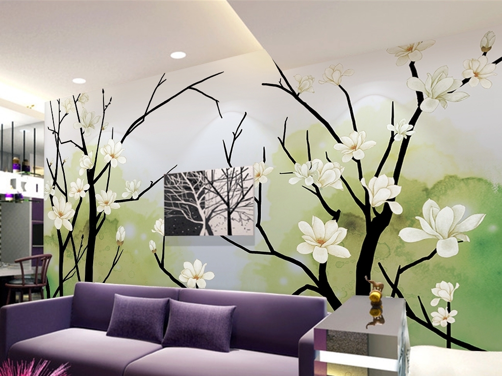 手绘玉兰花简约新中式电视背景墙壁纸