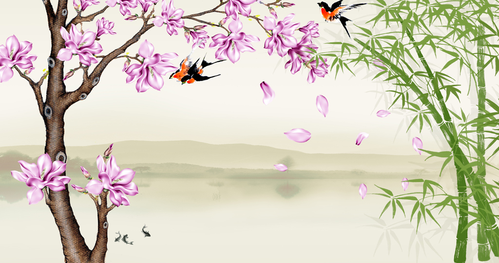 中式古典玉兰树竹子燕子背景墙下载