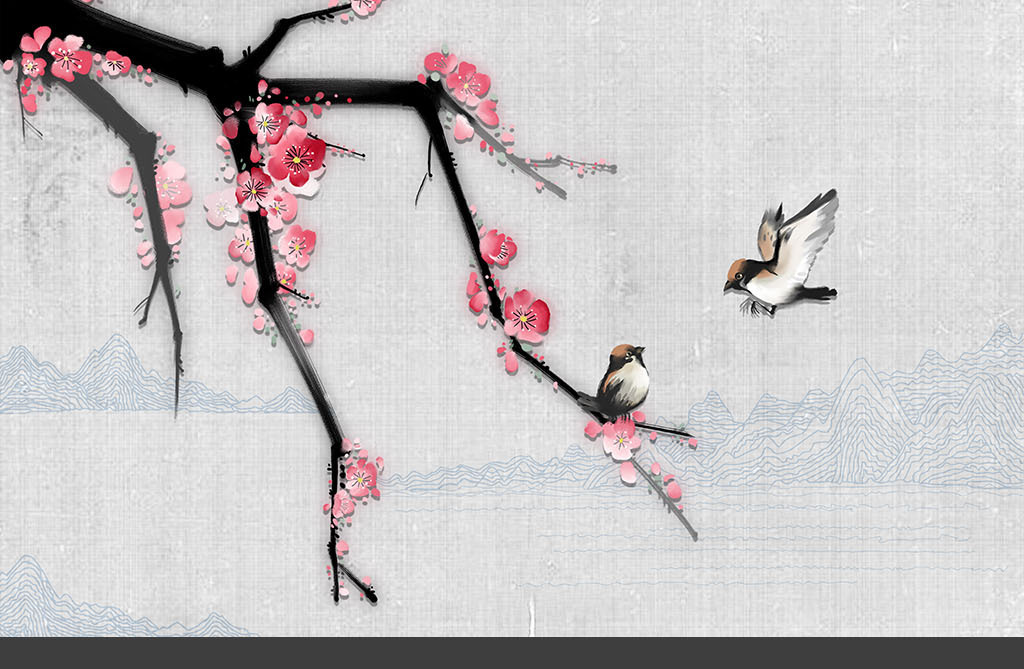 新中式立体清新浮雕梅花喜鹊背景墙