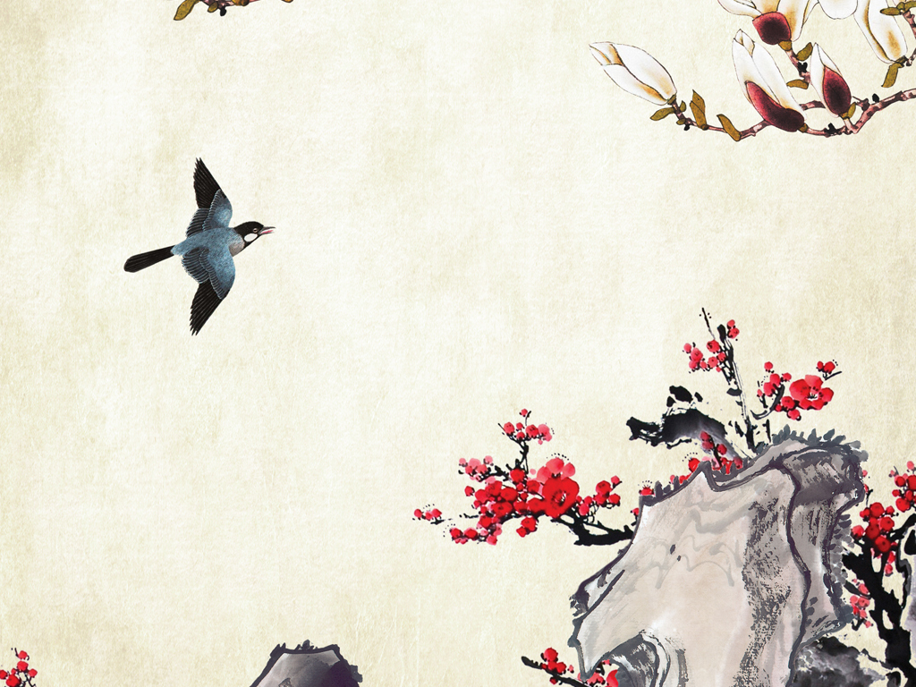 工笔玉兰花鸟梅花过道玄关背景墙墙画墙纸(图片编号:16397480)_中式