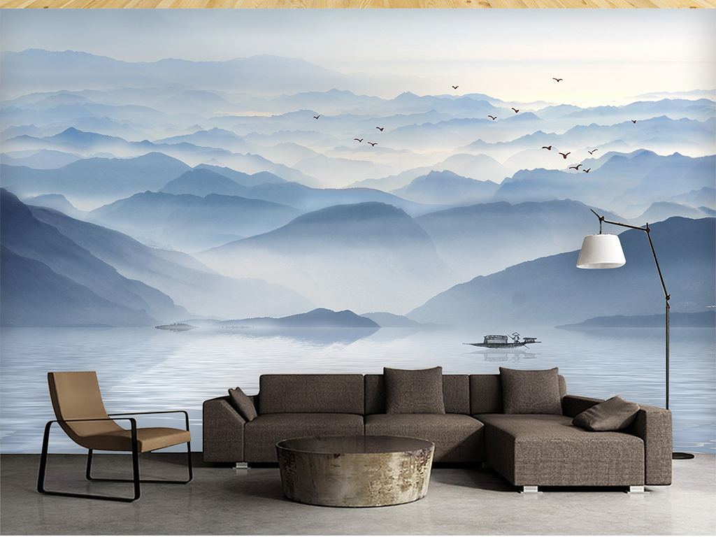 新中式抽象意境水墨山水画背景墙