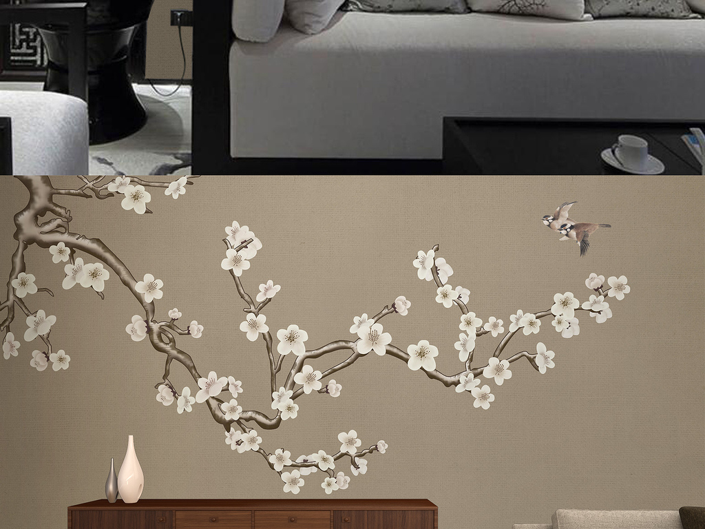 梅花手绘新中式工笔花鸟背景墙装饰画