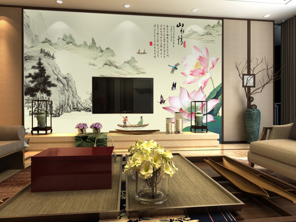 电视背景墙山水情(图片编号:16402318)_彩雕电视背景墙_我图网