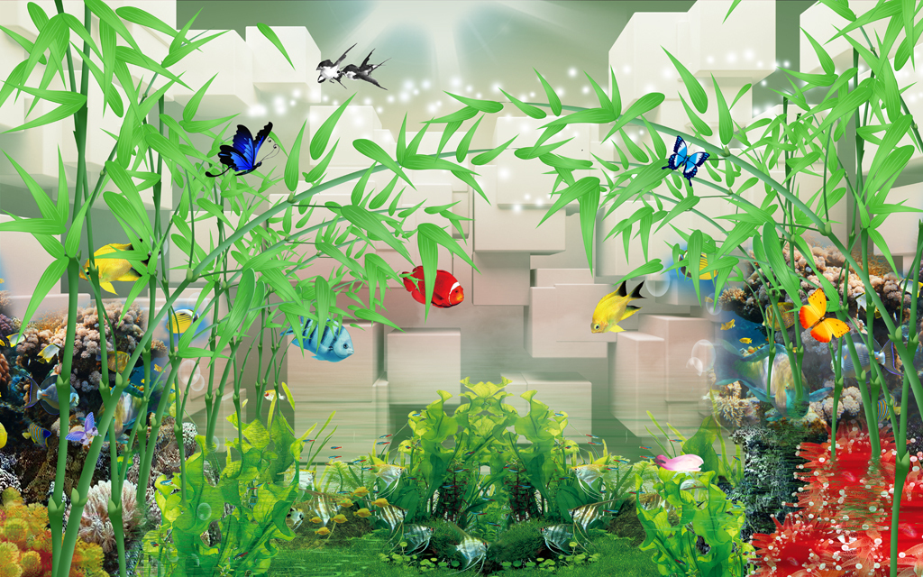 3d竹子水中竹子立体背景墙壁画