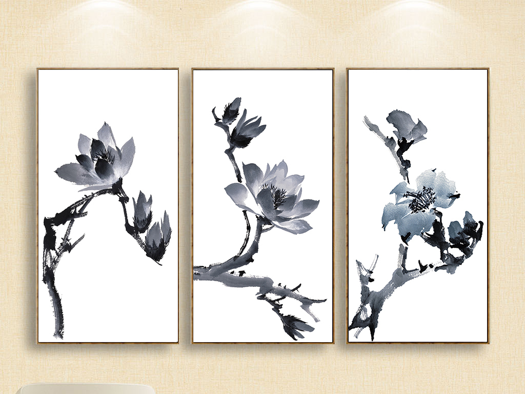 新中式现代简约国画无框画手绘水墨玉兰花