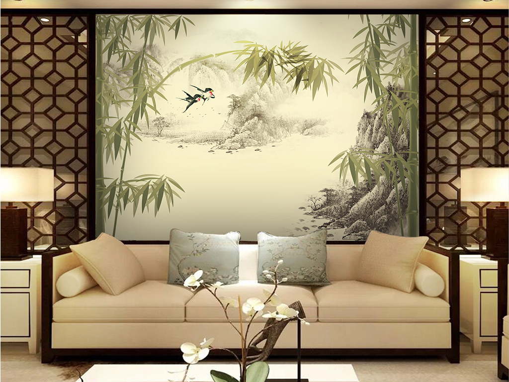 竹报平安新中式水墨山水电视背景墙