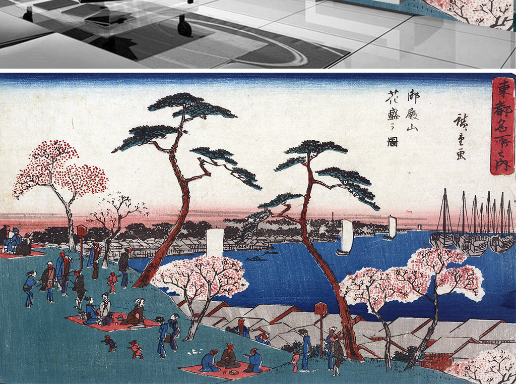 日本浮世绘樱花树木公园风景壁画背景墙