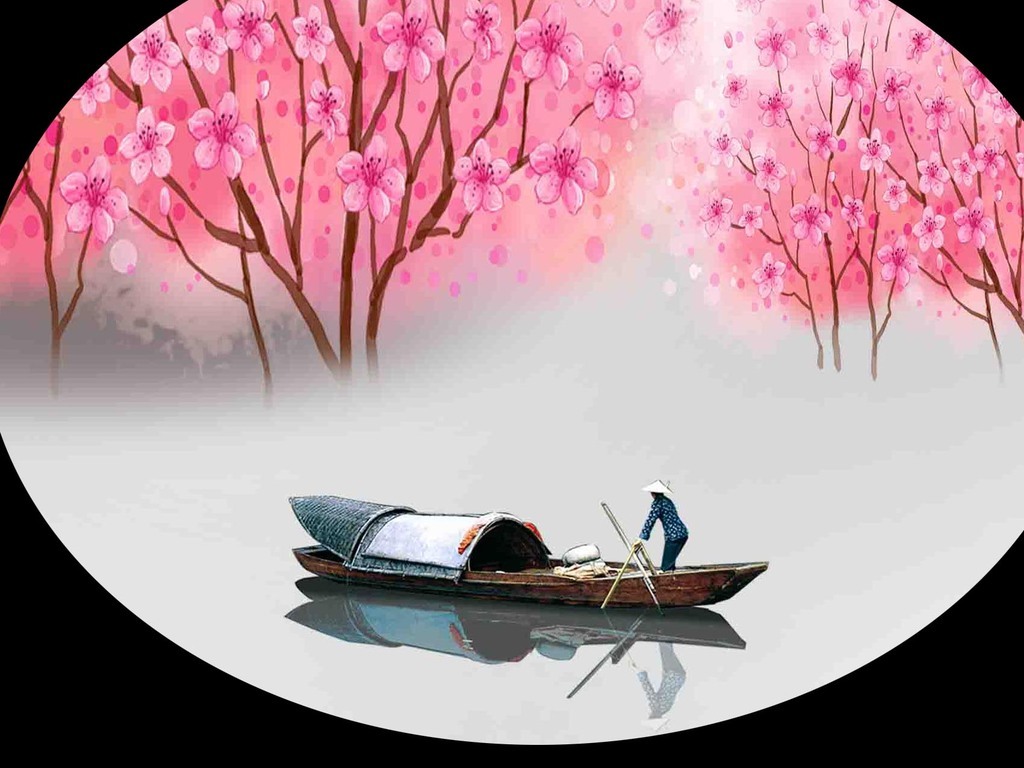 高清分层十里桃花山水背景墙