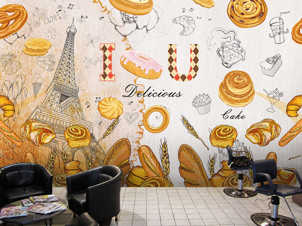手绘蛋糕店装饰画背景墙