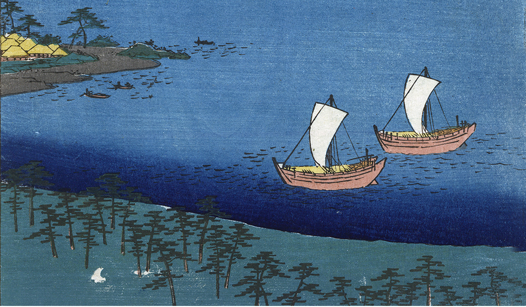 日本浮世绘国画山水海上帆船玄关背景墙