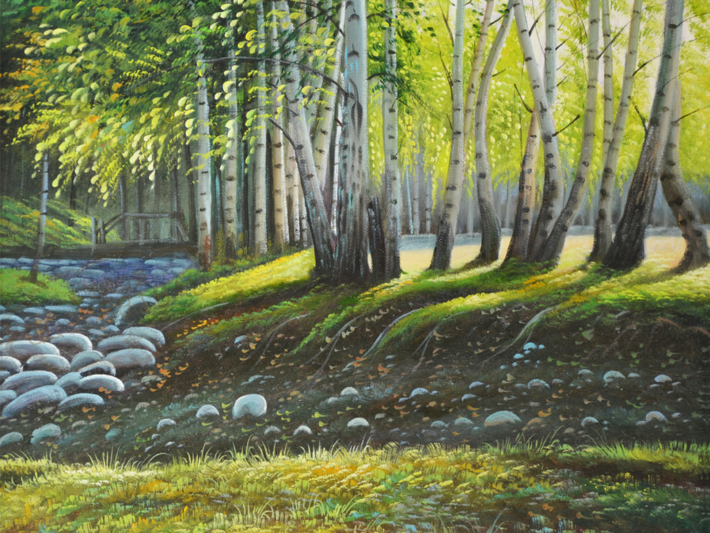 杨树林中风景纯手绘油画艺术玄关