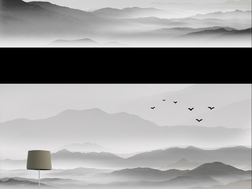 新中式水墨山水意境唯美壁画电视背景墙