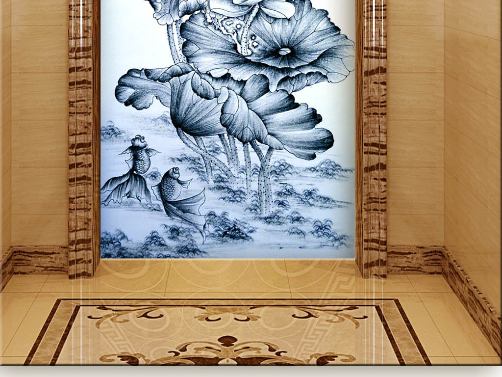 新中式手绘荷花壁画过道玄关图图片设计素材_高清模板下载(122.