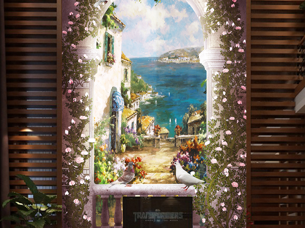 罗马柱阳台风景油画玄关背景墙