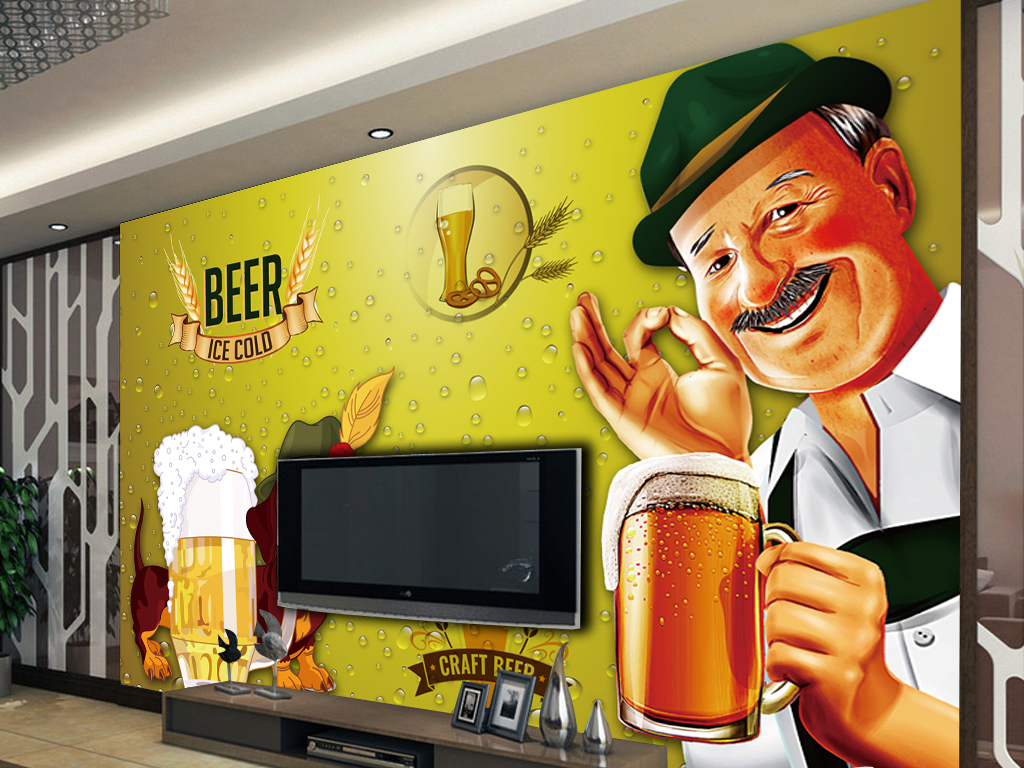 手绘卡通啤酒新餐厅工装背景墙