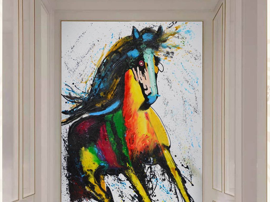七色抽象马现代创意纯手绘油画玄关