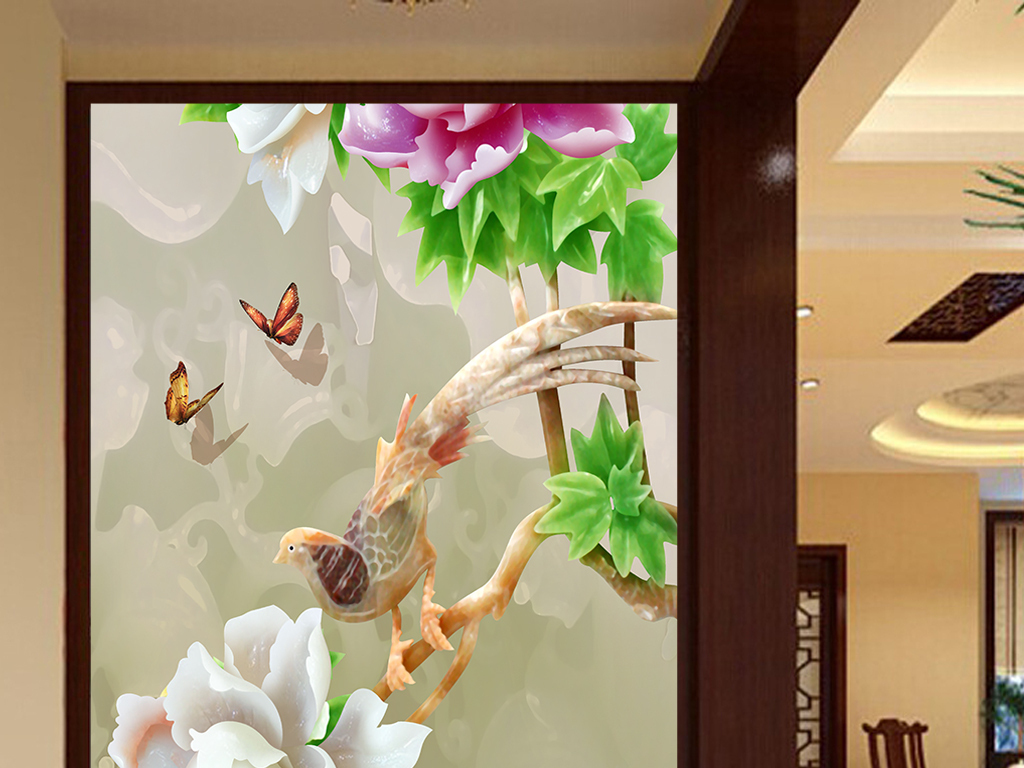 彩雕牡丹时尚简约立体门厅玄关