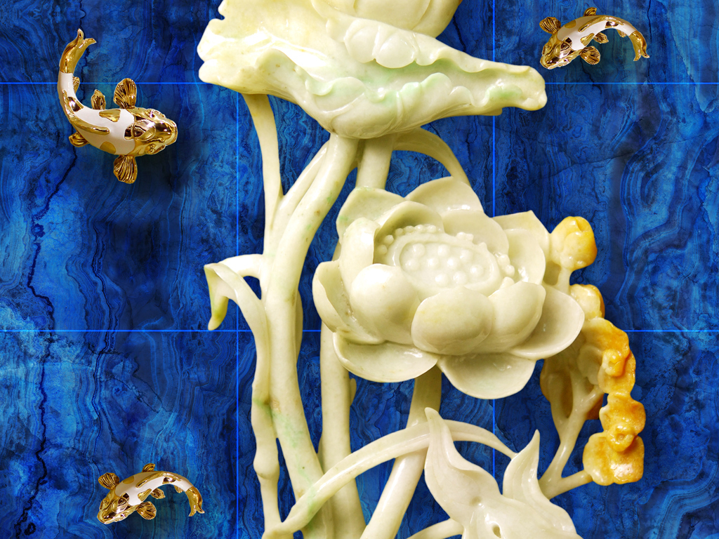 家和富贵玉雕荷花九鱼年年有余玄关背景墙