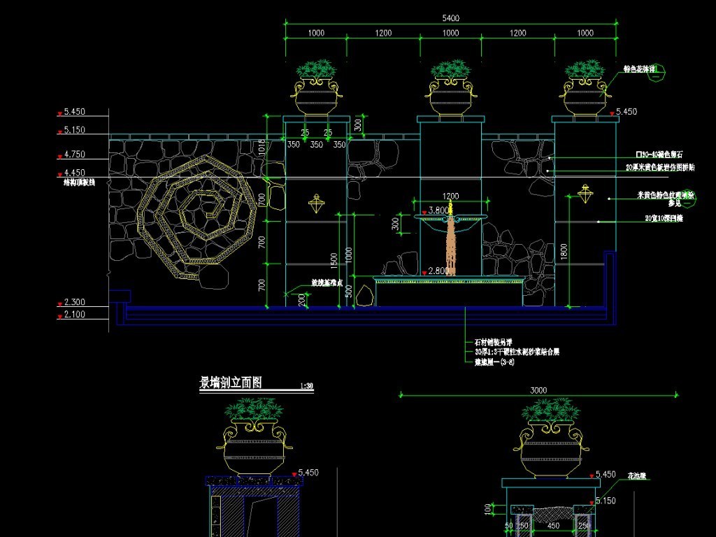 cad圖庫 室內設計cad圖庫 園林cad圖紙 > 擋土景牆花缽細節施工cad