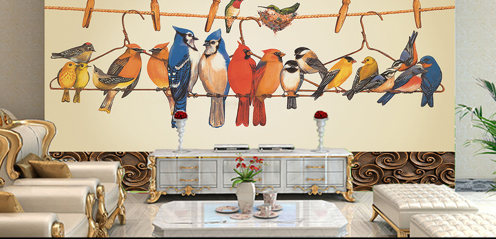 中式手绘鸟群百鸟会聚客厅房间背景墙装饰画