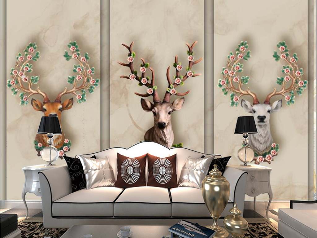新中式梅花鹿鹿头电视背景墙
