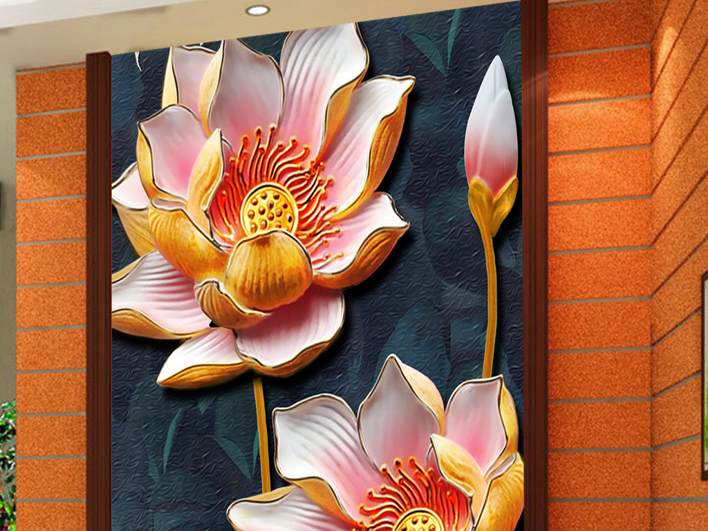 立体3d大气金色浮雕玄关荷花装饰画