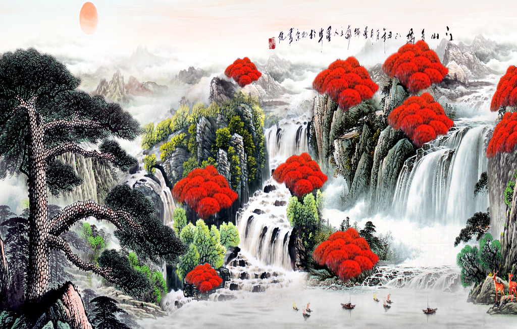 新中式水墨抽象酒店画鸿运当头满山红发财画