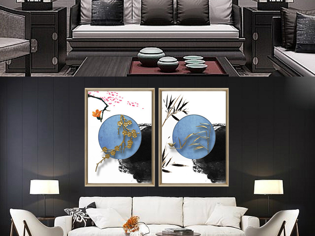 中国风无框画 > 新中式抽象立体装饰画无框画背景壁画 版权图片 设计