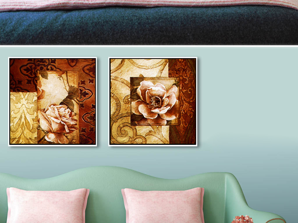 欧美复古花卉二联装饰画无框画