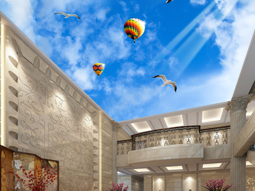 唯美蓝天白云热气球吊顶天顶壁画图片设计素材_高清模板下载(126.95mb