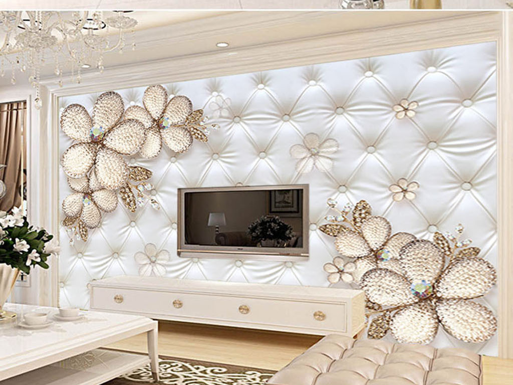 欧式花朵钻石软包电视背景墙