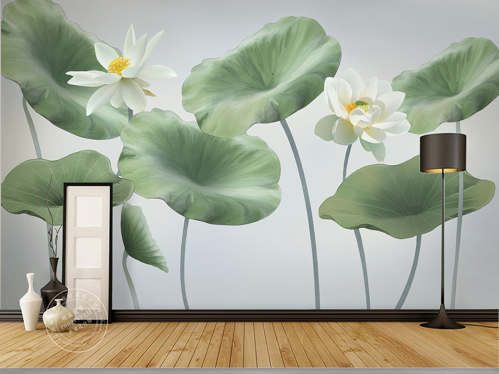 高清新中式手绘素雅荷花背景墙装饰画