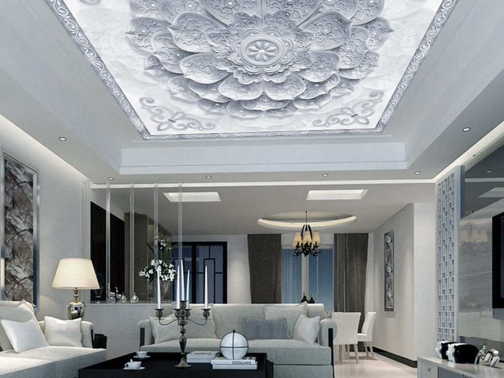 唯美欧式大理石纹理立体莲花简约天花吊顶图片设计素材_高清psd模板