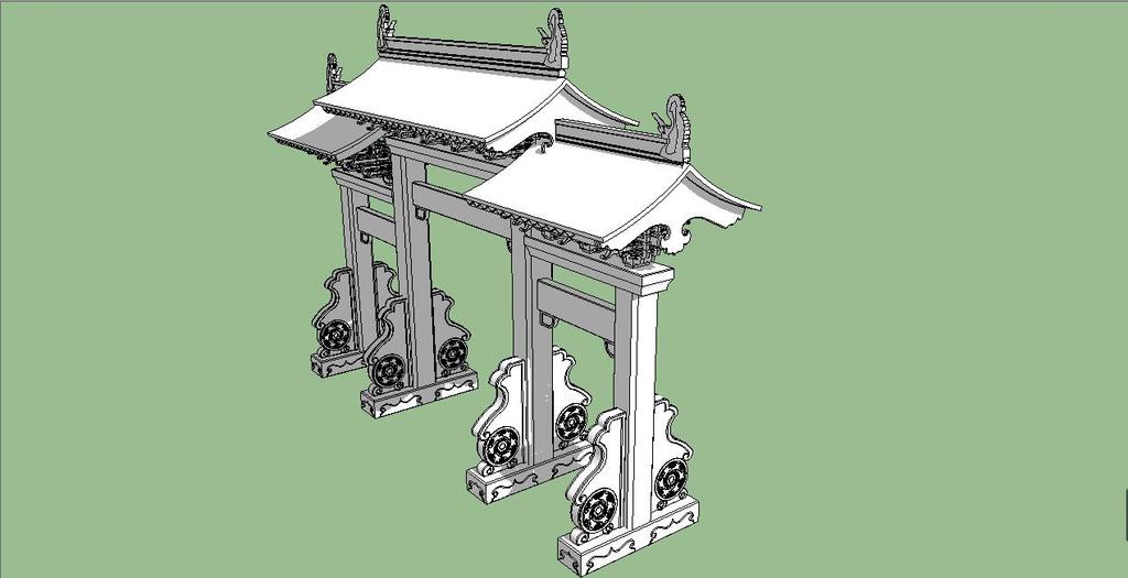 中式古建築四柱三門牌坊su模型素材