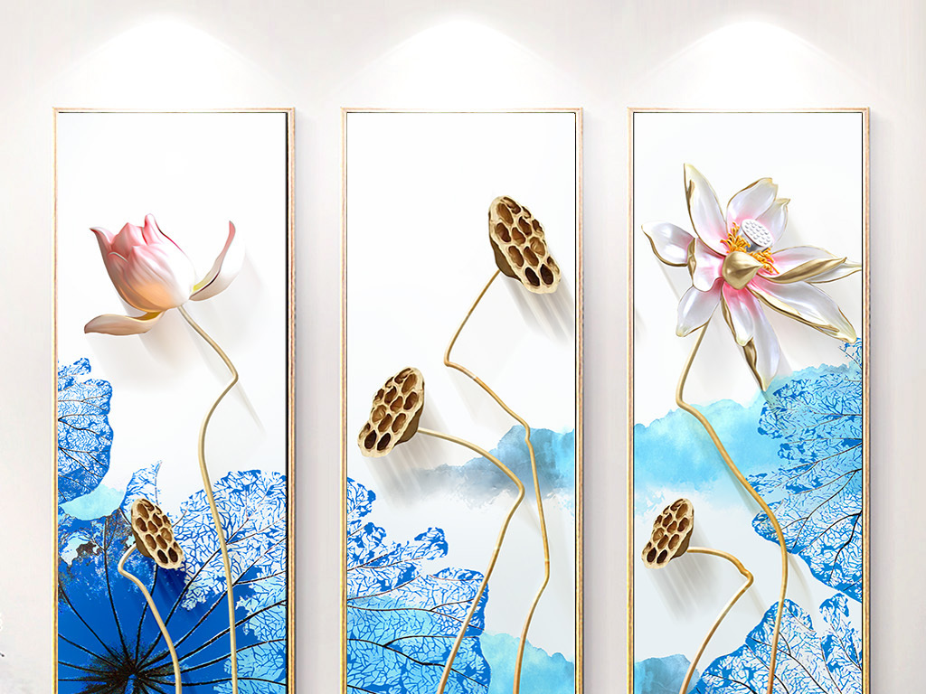 新中式水墨浮雕荷花山水简约抽象装饰画