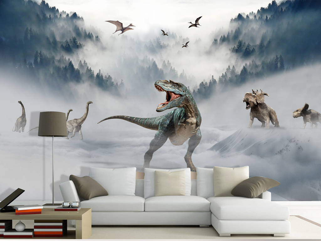 新中式山水冰川森林恐龙世界电视背景墙壁画