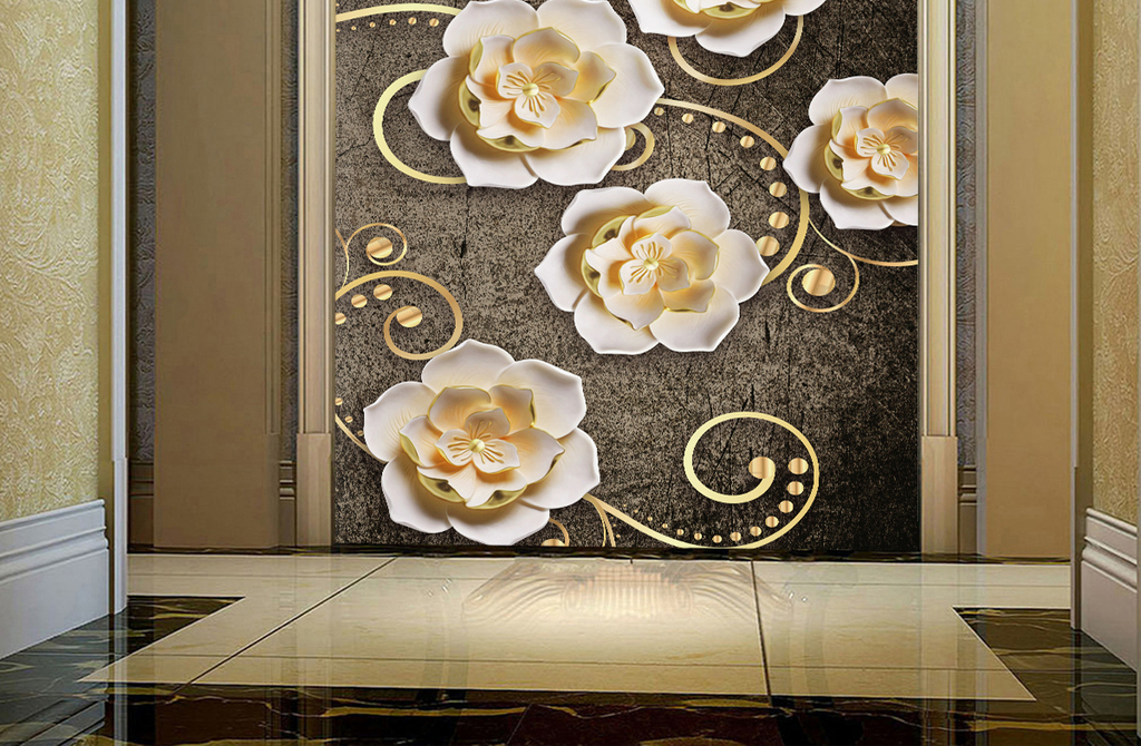 欧式复古3d立体浮雕花朵现代玄关背景墙