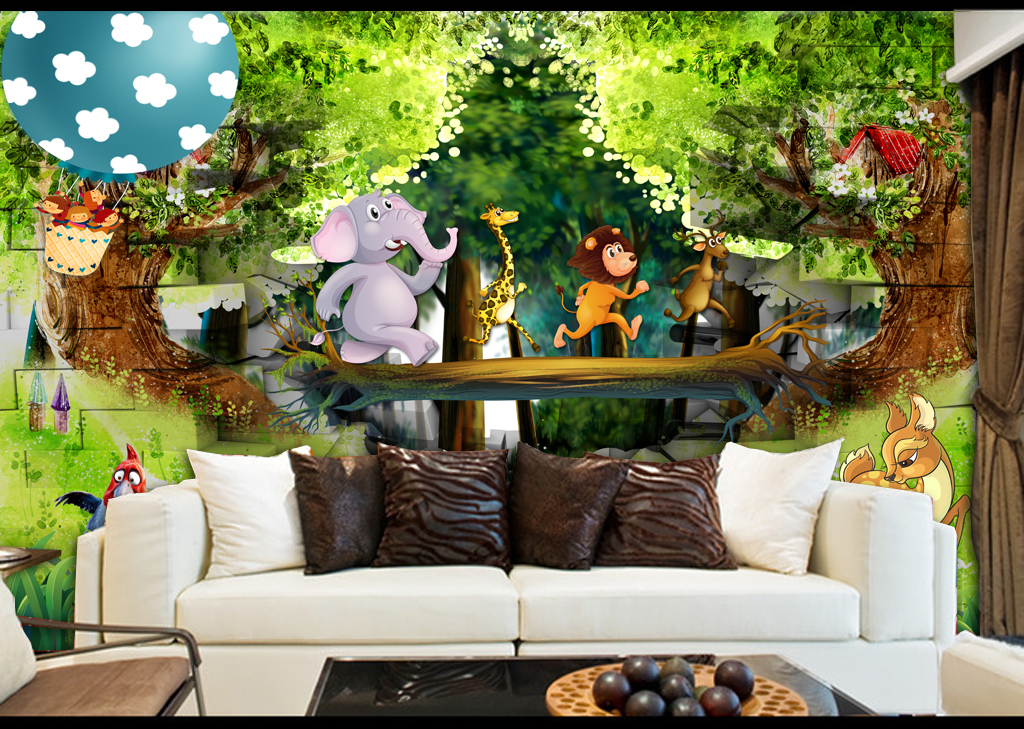 梦幻森林3d卡通儿童房背景墙壁画