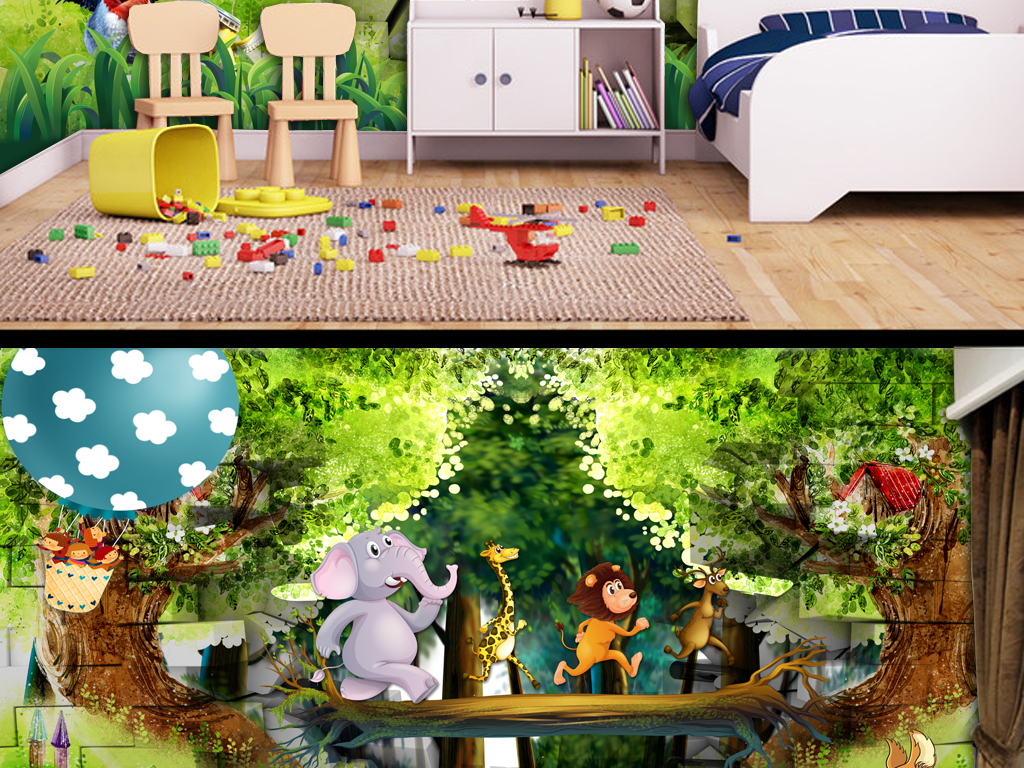 梦幻森林3d卡通儿童房背景墙壁画