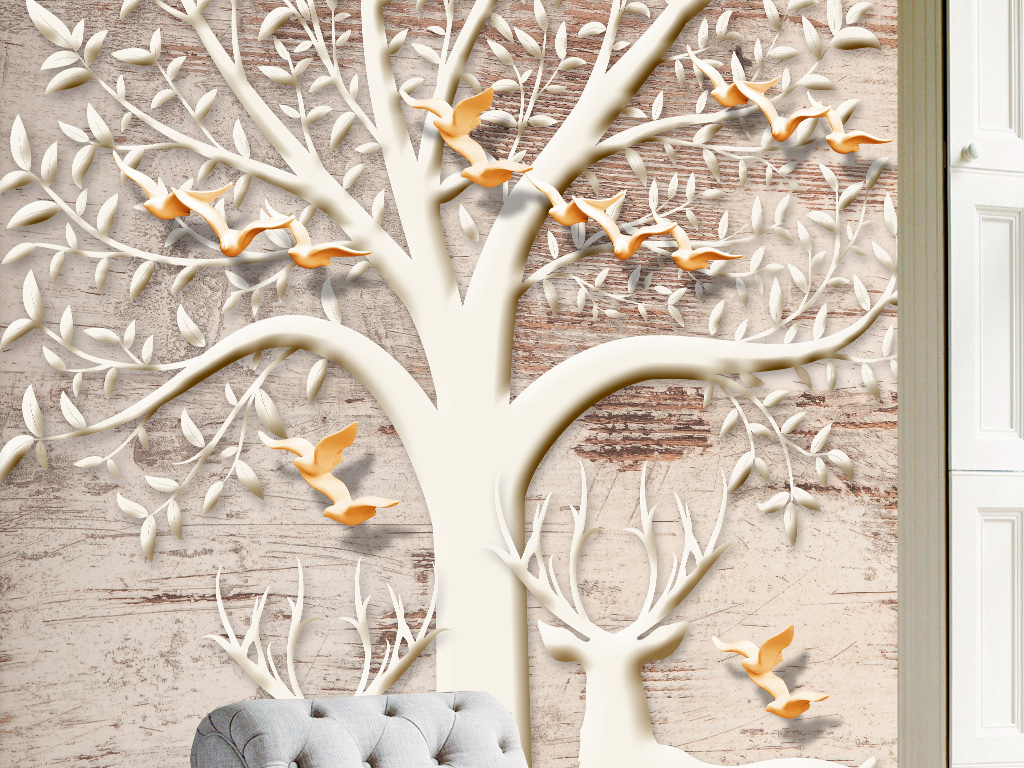 3d立体浮雕抽象大树麋鹿玄关背景墙壁画