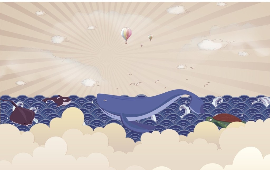 欧式手绘卡通大海鲸鱼天空背景墙装饰画