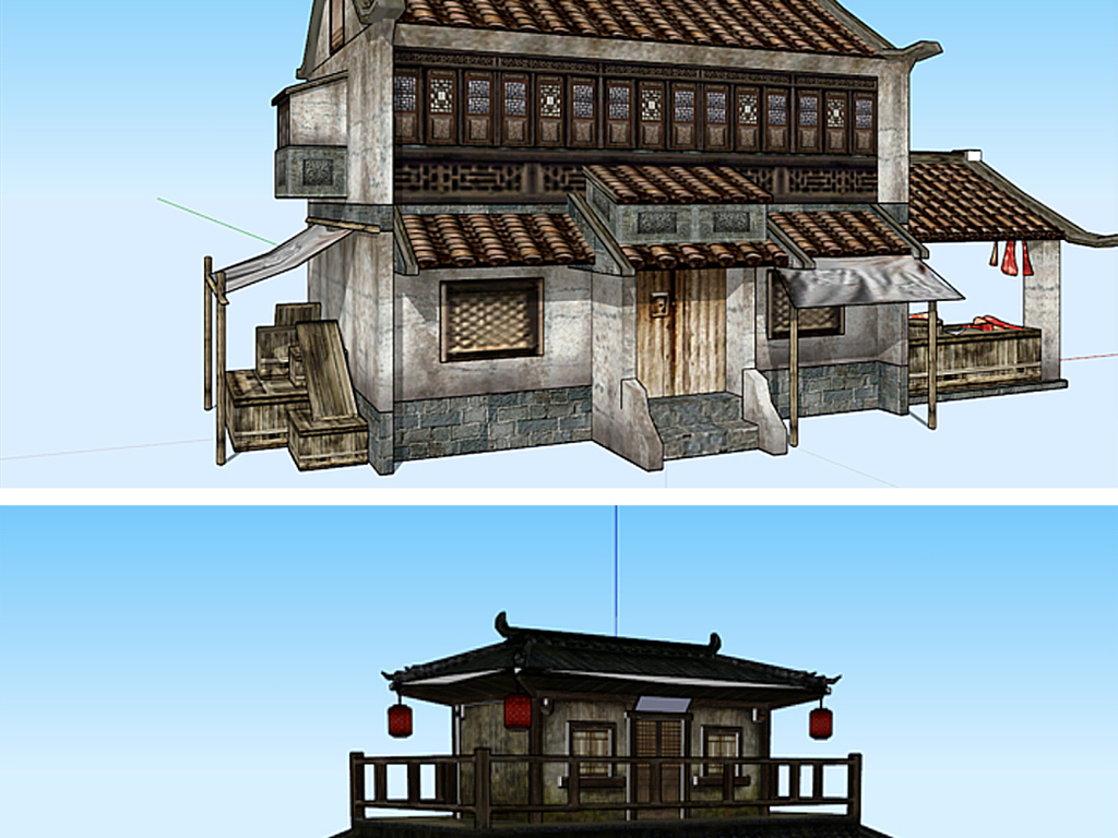 精細古代客棧商鋪su模型