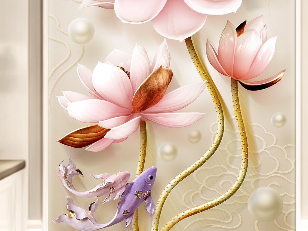 新中式3d荷花浮雕素雅简约立体玄关装饰画
