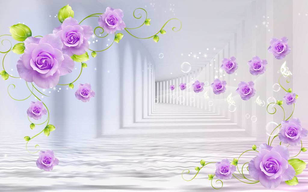 紫色玫瑰蝴蝶3d立体电视背景墙