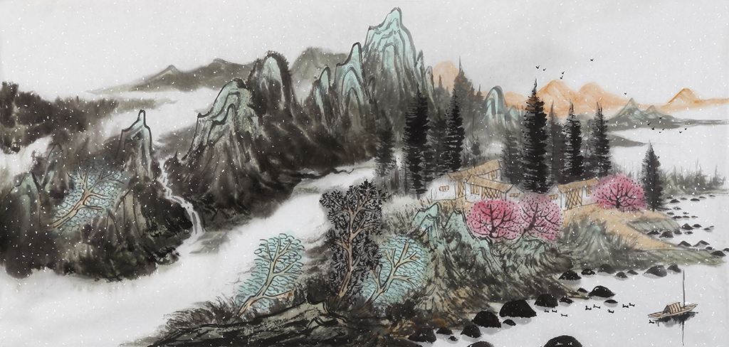 手绘山水树木船油画水墨画